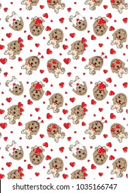 A pattern with small brown dogs with red hearts on a white background. Afghan hound breed.