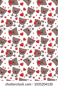 A pattern with small brown dogs with red hearts on a white background. American pitbull terrier 