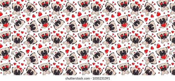 A pattern with small brown dogs with red hearts on a white background. English Mastiff 