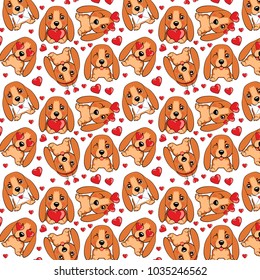 A pattern with small brown dogs with red hearts on a white background. Basset Hound (Basset) Puppy.