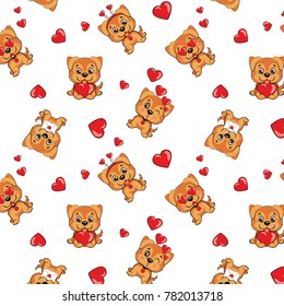 A pattern with small brown dogs with red hearts on a white background.