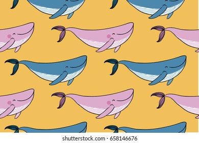 Pattern with a small cartoon whale. Nice little fish. Animals of the sea.