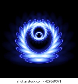 The pattern of small circles forming a large circle painted in blue neon color. Neon gradient pattern on a black background. Element of decor. To design. Universal application. Vector illustration