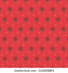 Pattern with small colored squares and triangles arranged on a red background. Textile design.