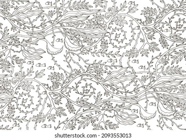 Pattern with small fish and underwater vegetation and seaweed. Black and white style. Print for fabric, textiles, wallpaper, paper, etc. Vector pattern illustration on the white background.