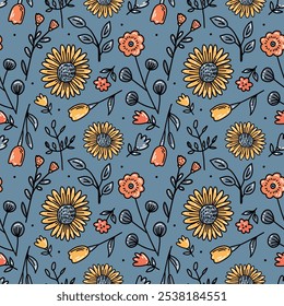 Un patrón de Pequeñas flores y hojas para la tela. Fondo sin fisuras con un patrón bohemio en forma de Pequeñas flores.