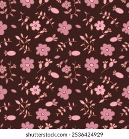 A pattern of small flowers and leaves in pastel tones. Seamless background with a bohemian pattern in the form of small flowers.