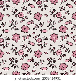 A pattern of small flowers and leaves in pastel tones. Seamless background with a bohemian pattern in the form of small flowers.