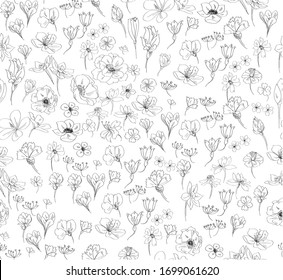 Muster mit kleinen Blumen im Freien, umrissen kleine Blumen schwarz-weiß
