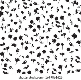 Pattern with small flowers in liberty style in silhouette black and white