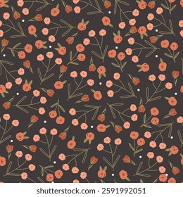 Pattern with small flowers on black background. Vector illustration for clothes, fabric, wrapping paper.