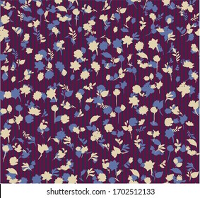 Pattern with small flowers silhouette in liberty style with stripe on the background