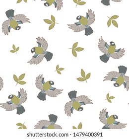 Pattern of small forest birds and plant leaves. Vector illustration with a green tint. Isolated background.