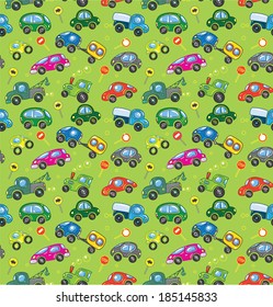 Pattern of small funny vector cars and signs