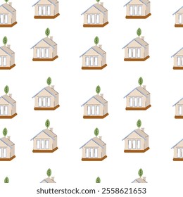 Pattern of small houses with greenery on a white background showcasing a simple design