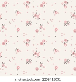 A pattern of small pink flowers on a light background. Graphic print, floral illustration, floral vector, vector floral pattern. Cute aesthetic composition for wallpaper, print, poster, postcard.