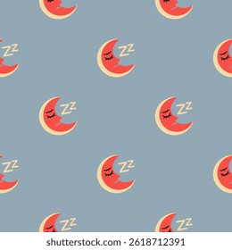 A pattern of small red crescent moons with the word "sleep" written on them. The pattern is blue and white