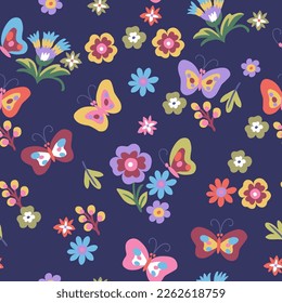 A pattern of small red, pink, purple and green butterflies and turquoise flowers on a purple background. Cute aesthetic composition for wallpaper, print, poster, postcard.