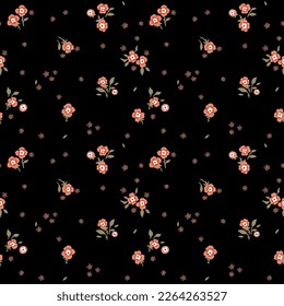 Un patrón de flores escarlatas pequeñas y hojas verdes sobre un fondo negro. Impresión gráfica, ilustraciones florales, vector floral, patrón vectorial floral.