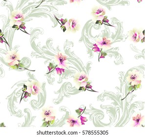 Pattern with small spring flowers on white background with baroque scrolls