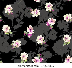 Pattern with  small spring flowers on black background with flower silhouette