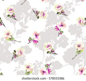 Pattern with  small spring flowers on white background with flower silhouette