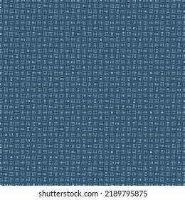 Pattern with small squares and pixels. Textile design in blue tones. Textured checked background. 