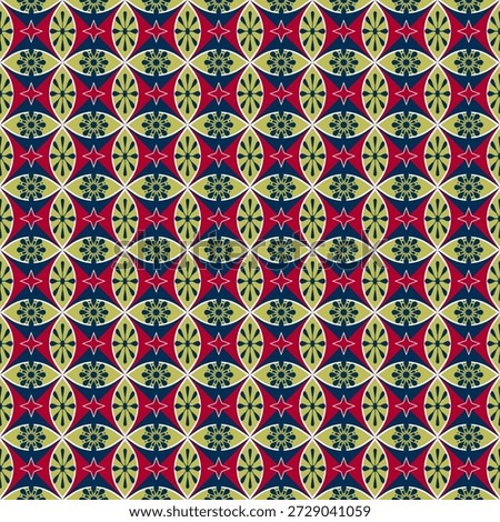 A pattern of small stars surrounded by circles and graphic-style floral motifs, using a color palette of red, green, and blue, arranged evenly across the entire surface.