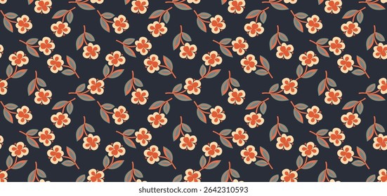 Pattern of small, stylized flowers and leaves on a dark blue background.