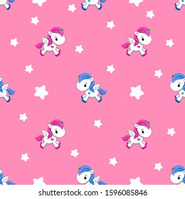 Pattern of a small unicorn on a pink background. Cartoon drawing. Postcard, pattern. Flat lay, top view.