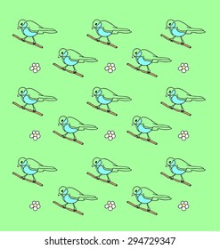 pattern of small white flowers and birds sitting on a branch