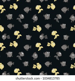 Pattern with small yellow and blue fish against the background of a dark wave. Illustration for decorating objects.