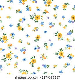 A pattern of small yellow, blue, purple and orange flowers with green leaves on a white background. Seamless floral vector repeating pattern.