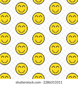 Pattern of smile emoticons in transparent background. 8-bit pixel art backdrop. Vector illustration. Vector Illustration