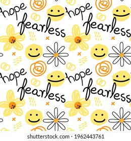 Pattern With Smiles, Flowers And Positive Words With White Background