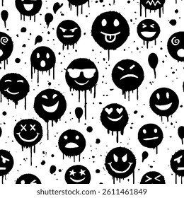 Pattern with smileys on a white background in grunge style. Drawn with brush strokes, splashes, blots.