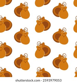 Pattern of smiling brown acorns on a white background creating a cheerful design