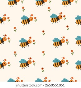 pattern with smiling cartoon bees wearing flowers in their hair, surrounded by orange flowers