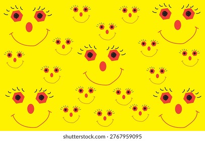 A pattern of smiling doll faces on a yellow background.