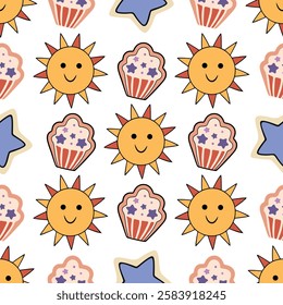 A pattern of smiling suns and stars with a cupcake in the middle. The suns are yellow and the cupcake is red