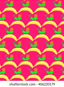 Pattern snail on a banana on an red background. Bright children's drawing, pattern, for printing on fabric, paper, packaging, wallpaper. Cute little creatures with fruit.
