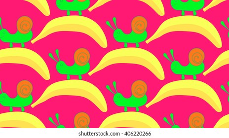 Pattern snail on a banana on an red background. Bright children's drawing, pattern, for printing on fabric, paper, packaging, wallpaper. Cute little creatures with fruit.