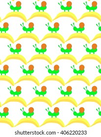 Pattern snail on a banana on an white background. Bright children's drawing, pattern, for printing on fabric, paper, packaging, wallpaper. Cute little creatures with fruit.