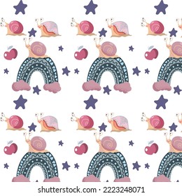 Patrón con caracoles y manzanas, arcos y estrellas al estilo de las caricaturas