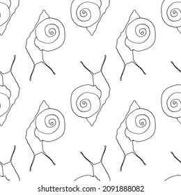 a pattern of snails. seamless pattern of sketch-style snails with horns, isolated black outline on white for a design template
