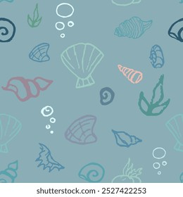 Pattern with snails, shells, bubbles hand draw, weeds and rocks. Victor graphic