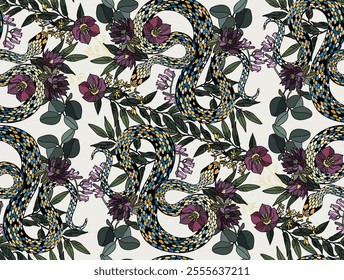 A pattern of snakes and plants on a light background with intricate details of serpentine shapes intertwined with various flora