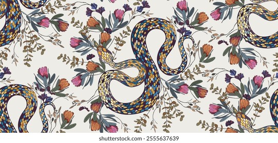 A pattern of snakes and plants on a light background with intricate details of serpentine shapes intertwined with various flora.	