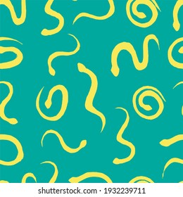 a pattern with snakes. yellow snakes on the green grass. seamless pattern. stock vector illustration.