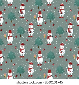 A pattern with snow Characters in a red hat. A snowman with ice cream and a garland. Cute Textile background with Christmas tree. Happy New Year and Merry Christmas. Vector illustration